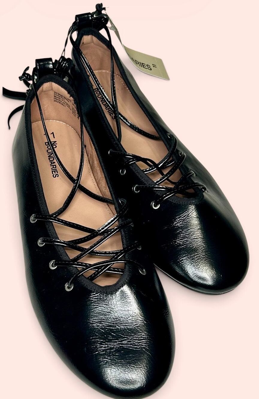 No Boundaries Corset Ballet Flats Black Lace Up Ankle Tie Womens Shoes Sz 7 NWOB
